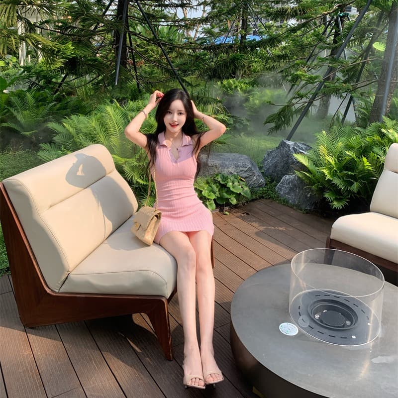 실사 정가 딸기 소프트 캔디 핑크색 폴로 칼라 민소매 조끼 여성 드레스 봄 여름 타이트 스커트 천천히 여단 치마 이미지 5