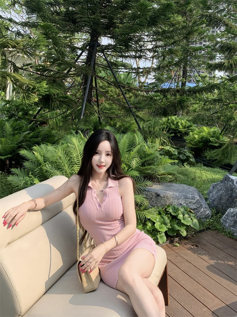 실사 정가 딸기 소프트 캔디 핑크색 폴로 칼라 민소매 조끼 여성 드레스 봄 여름 타이트 스커트 천천히 여단 치마 이미지 4