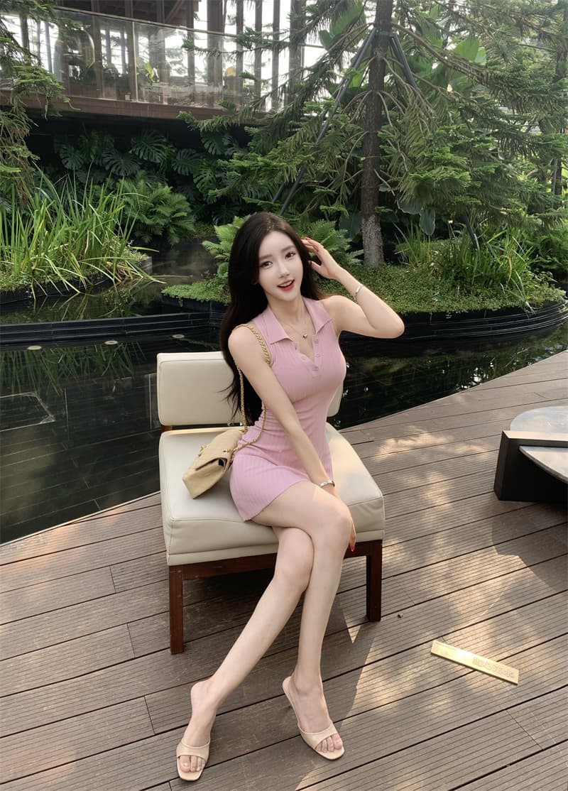 실사 정가 딸기 소프트 캔디 핑크색 폴로 칼라 민소매 조끼 여성 드레스 봄 여름 타이트 스커트 천천히 여단 치마 상세 이미지 7