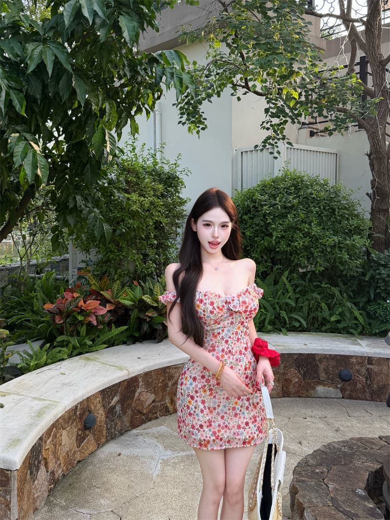 실사 정가 차 기장 꽃 둘 색상 오프숄더 매듭 꽃무늬 거품 소매 프릴 드레스 상세 이미지 4