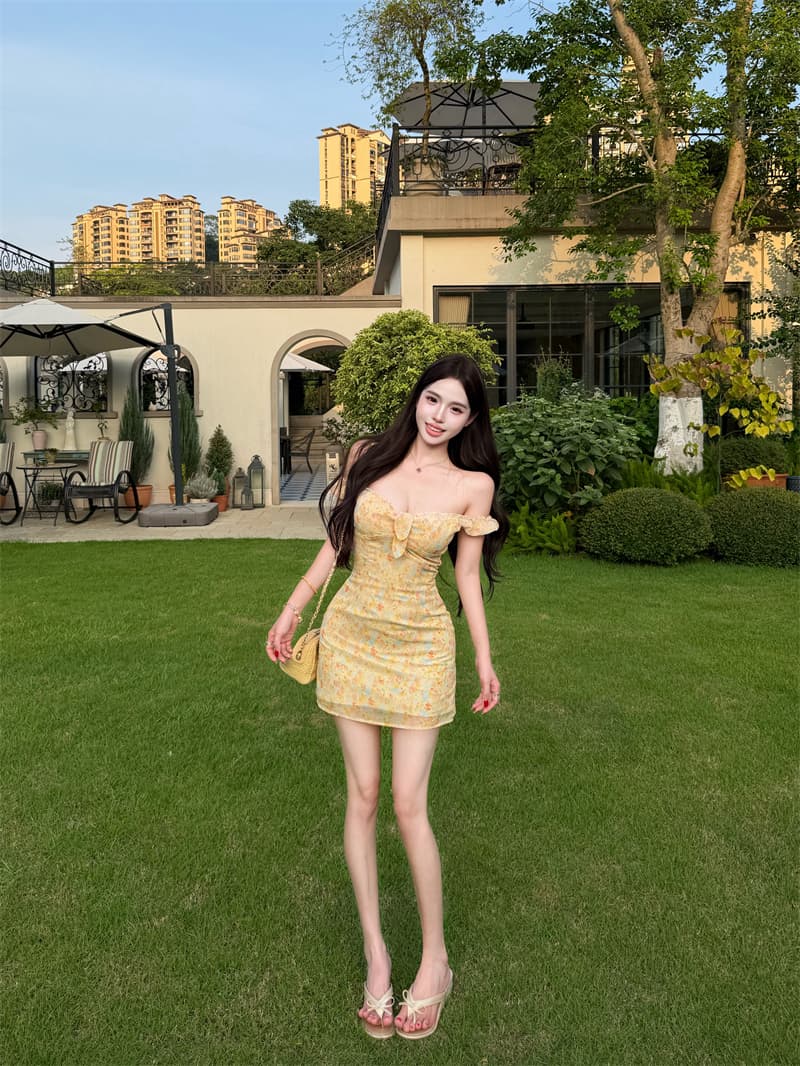 실사 정가 차 기장 꽃 둘 색상 오프숄더 매듭 꽃무늬 거품 소매 프릴 드레스 상세 이미지 25