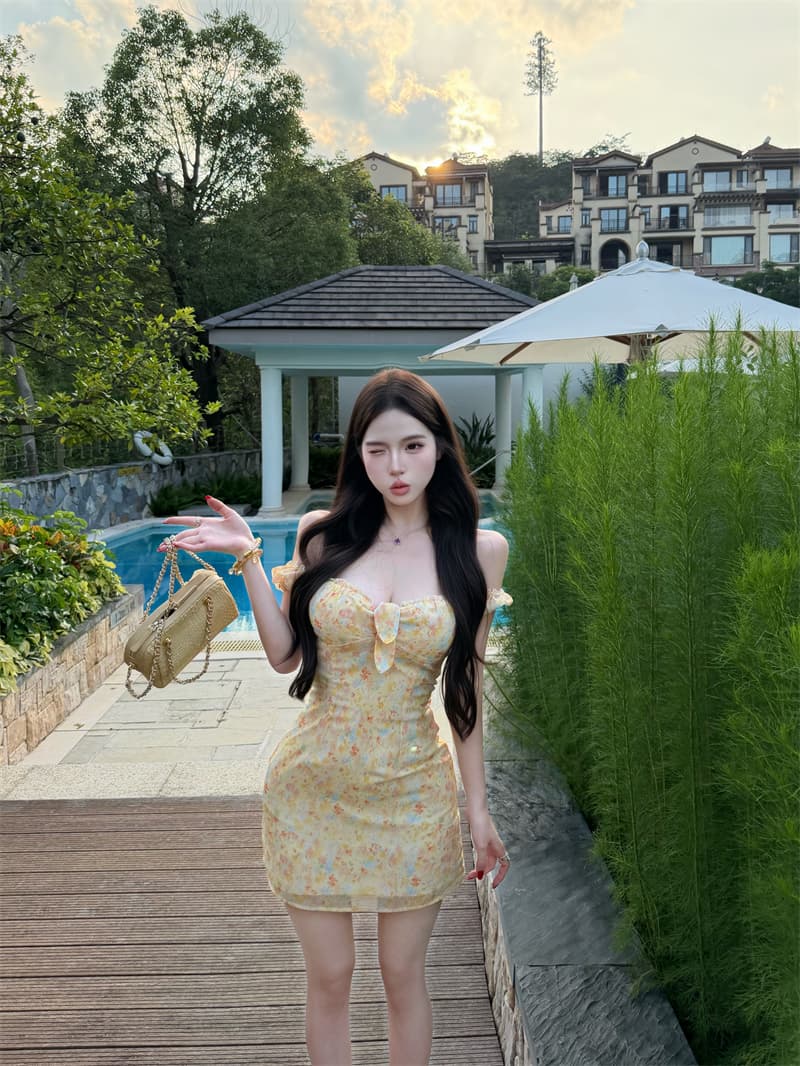 실사 정가 차 기장 꽃 둘 색상 오프숄더 매듭 꽃무늬 거품 소매 프릴 드레스 상세 이미지 26