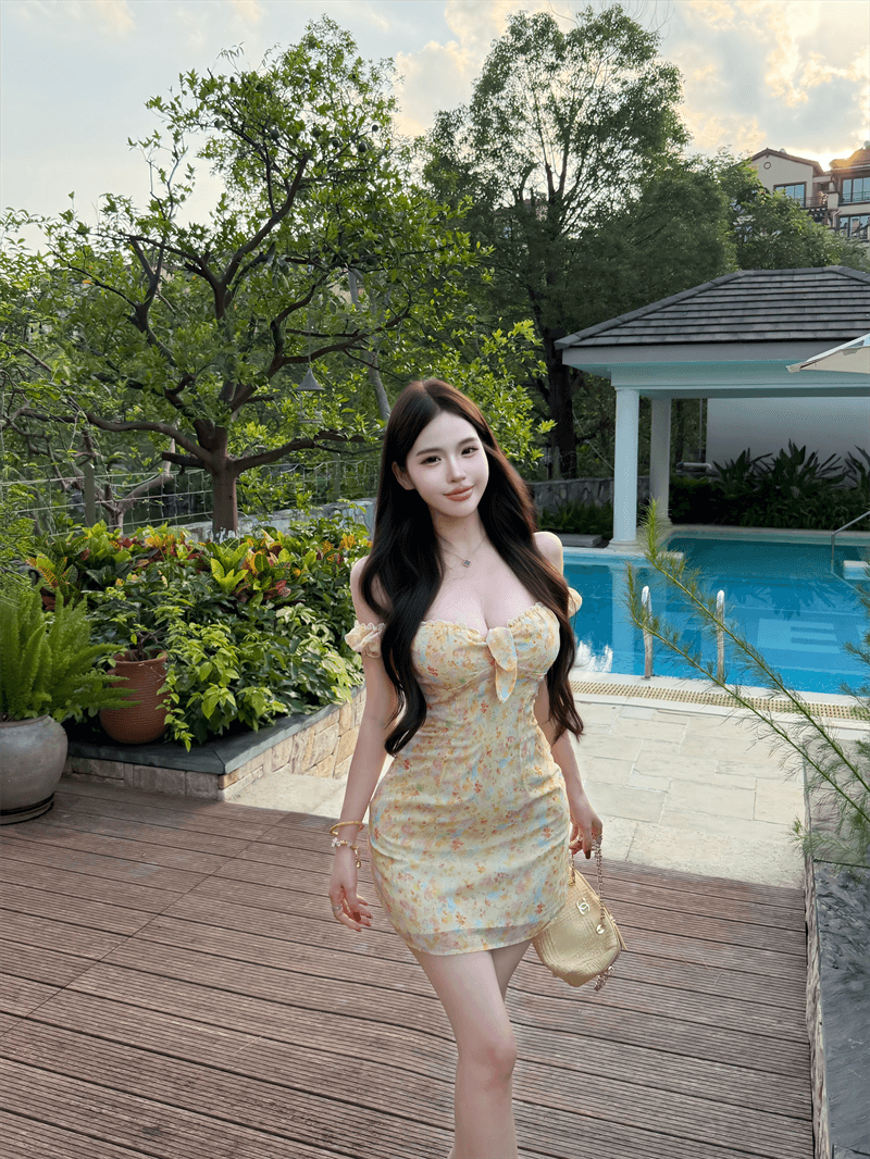 실사 정가 차 기장 꽃 둘 색상 오프숄더 매듭 꽃무늬 거품 소매 프릴 드레스 상세 이미지 30