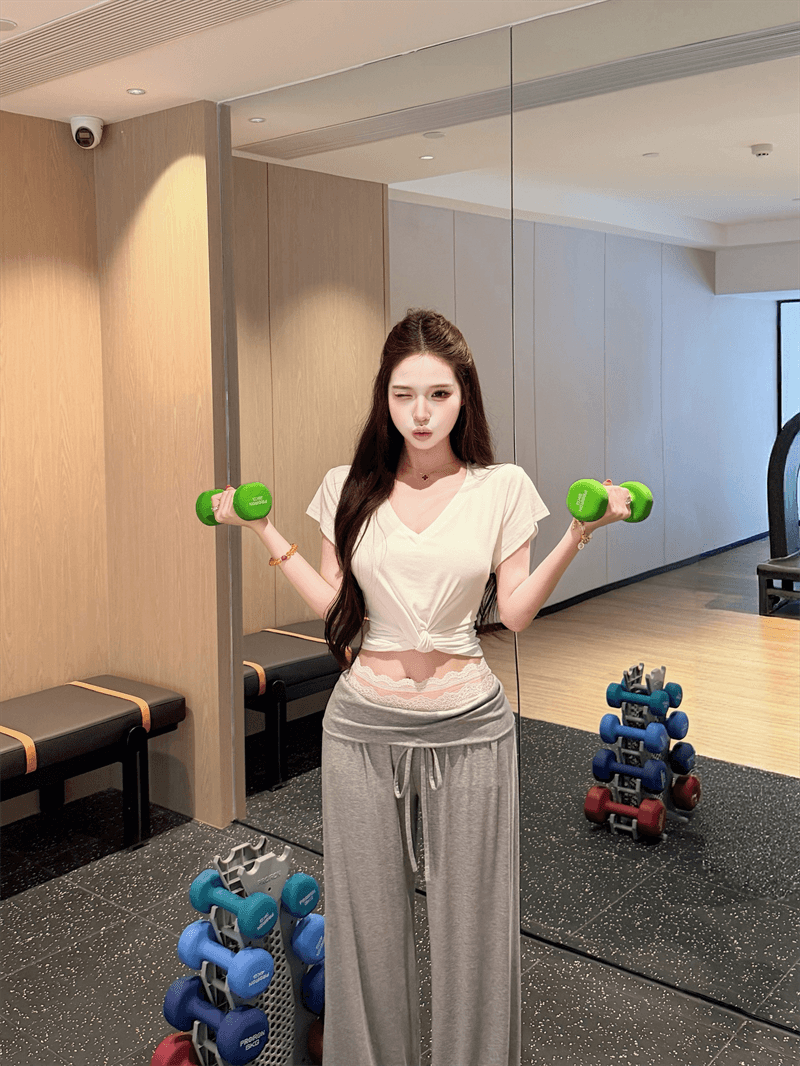 실사 정가 매듭이 달린 디자인 V넥 다용도 맨위 레이스 허리 머리 뒤집다 허리 디자인 캐주얼 다용도 긴 바지 세트