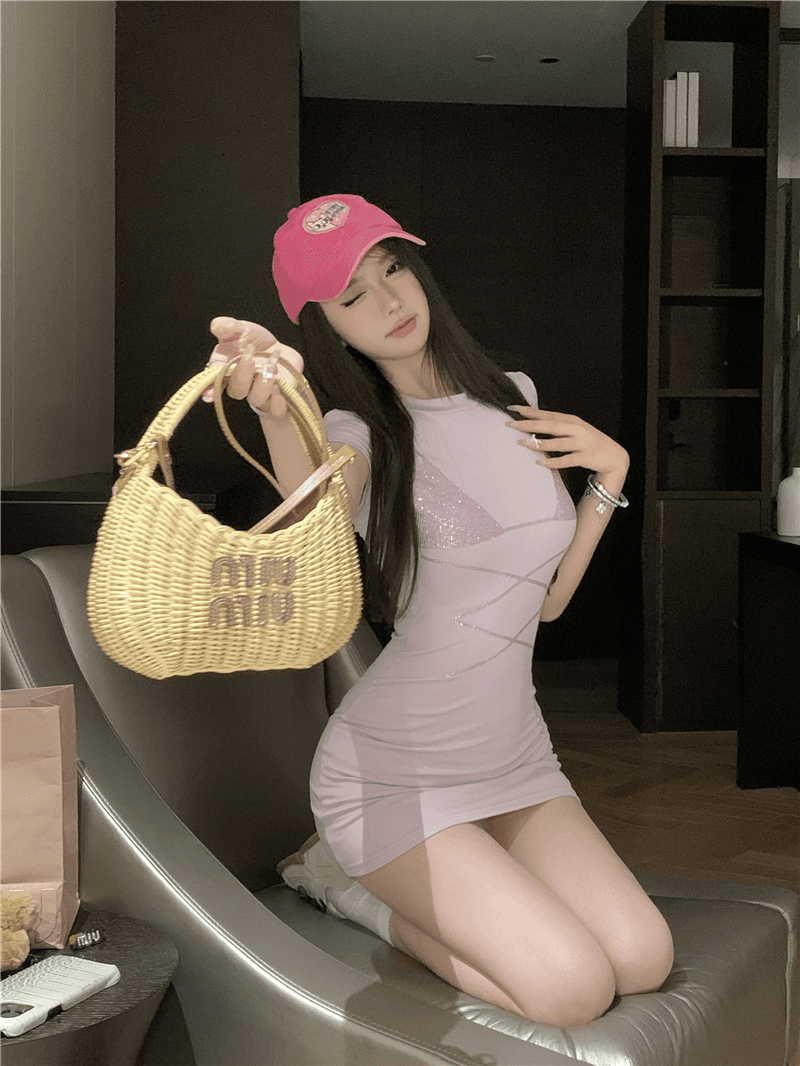 정가 실사 뜨거운 연인 핑크색 순수한 욕망 반팔 드레스 핫픽스 디자인 핫걸 미니 스커트 이미지 4