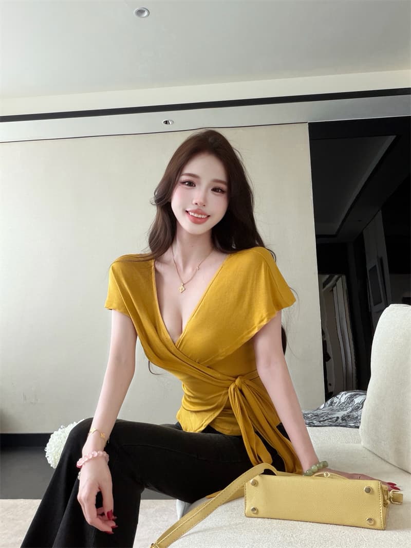 실사 정가 십자가 V넥 우아함 스트랩 티셔츠 여성 봄 여름 허리 수축 맨위 이미지 4