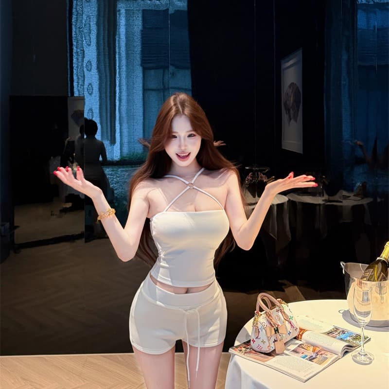 실사 정가 길다 여름 십자가 행침 목 순수한 욕망 조끼 섹시함 몸매 가꾸기 슬림해 보이는 핫걸 민소매 슬립 이미지 5