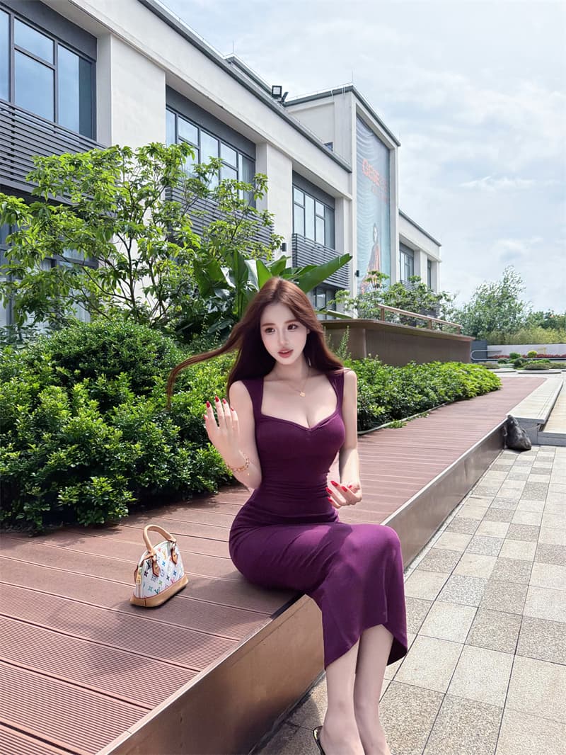 실사 정가 비율 리팩토링 보라색 와이드 어깨끈 V넥 주름 여성 드레스 봄 여름 타이트 스커트 롱 스커트 이미지 3