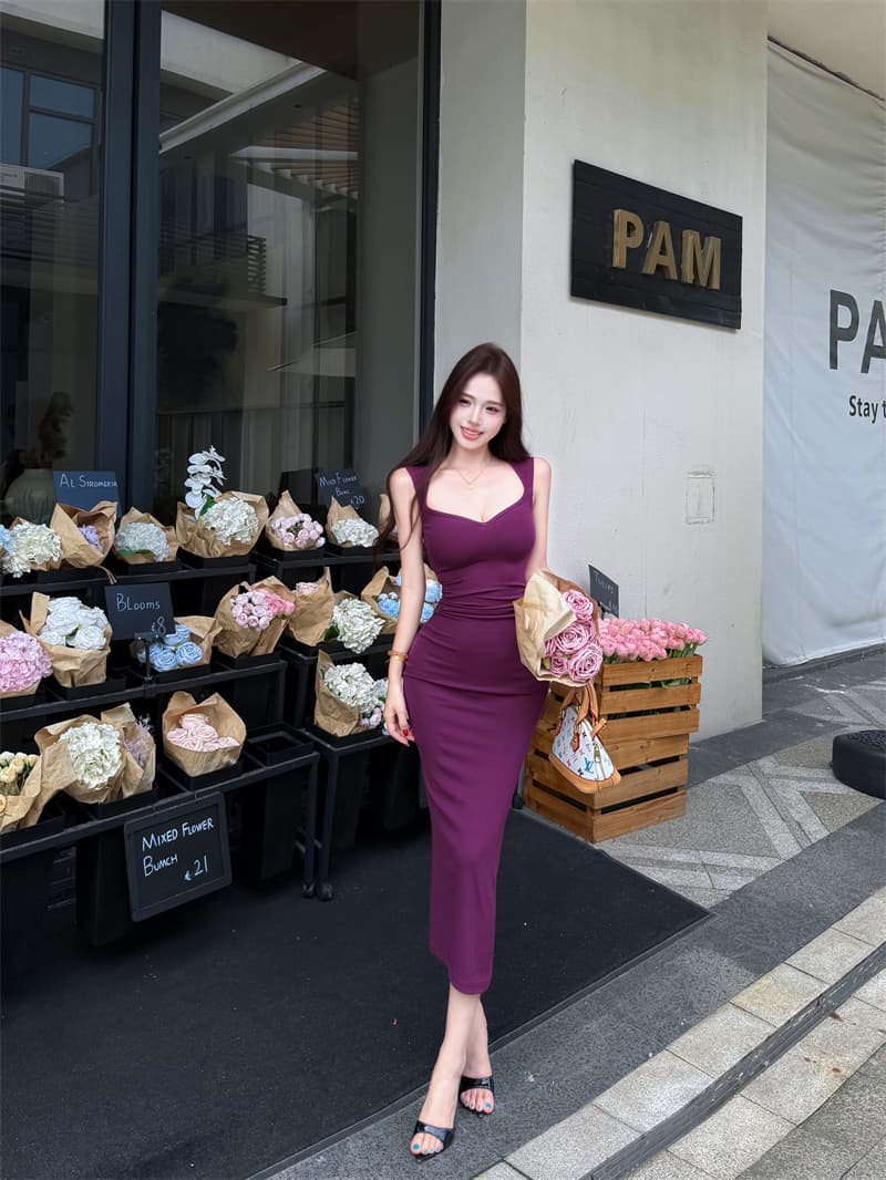 실사 정가 비율 리팩토링 보라색 와이드 어깨끈 V넥 주름 여성 드레스 봄 여름 타이트 스커트 롱 스커트 이미지 4