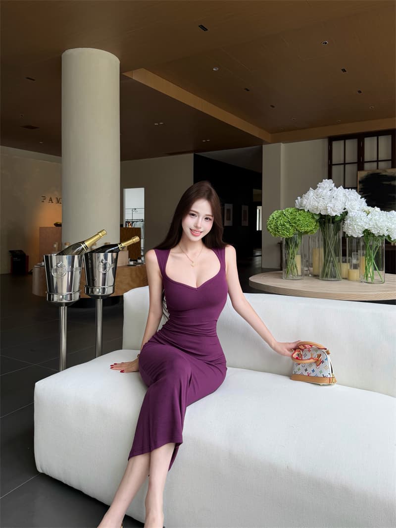 실사 정가 비율 리팩토링 보라색 와이드 어깨끈 V넥 주름 여성 드레스 봄 여름 타이트 스커트 롱 스커트 이미지 2