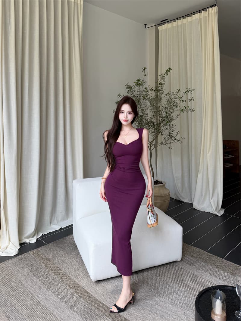실사 정가 비율 리팩토링 보라색 와이드 어깨끈 V넥 주름 여성 드레스 봄 여름 타이트 스커트 롱 스커트 상세 이미지 10