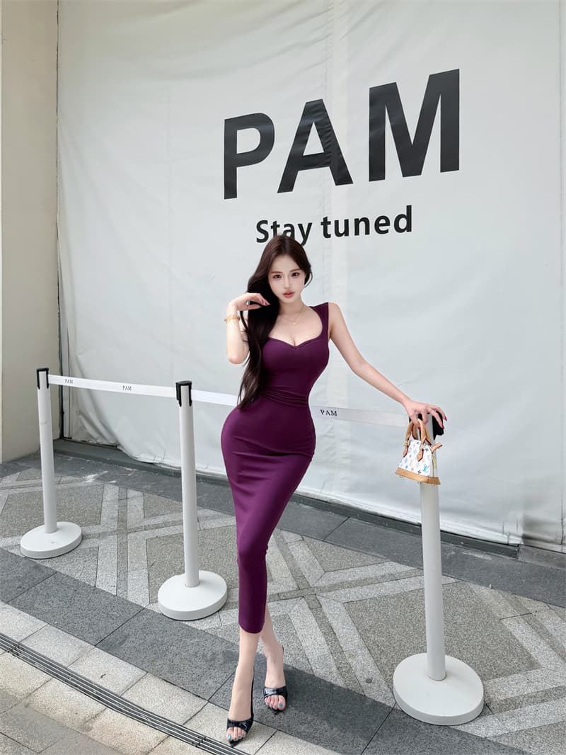 실사 정가 비율 리팩토링 보라색 와이드 어깨끈 V넥 주름 여성 드레스 봄 여름 타이트 스커트 롱 스커트 상세 이미지 13