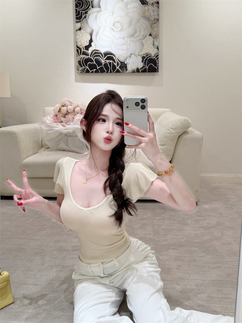 실사 정가 활력 작은 날다 소매 슬림해 보이는 티셔츠 여성 슈퍼 편안한 라이 경기 서울 양모 V넥 반팔 tee 상세 이미지 12