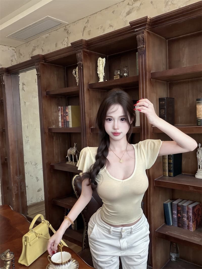 실사 정가 활력 작은 날다 소매 슬림해 보이는 티셔츠 여성 슈퍼 편안한 라이 경기 서울 양모 V넥 반팔 tee 이미지 2