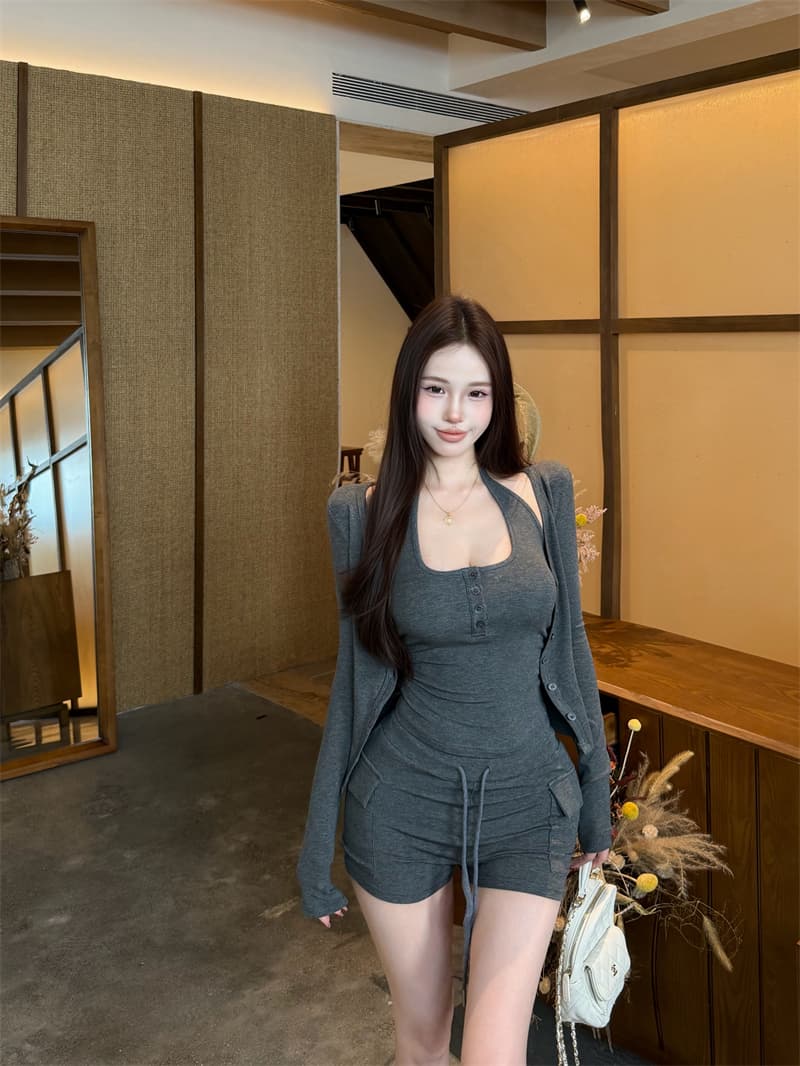 실사 정가 회색 단추 V넥 오픈 가디건 티셔츠 여성 봄 여름 몸매 가꾸기 맨위 상세 이미지 5