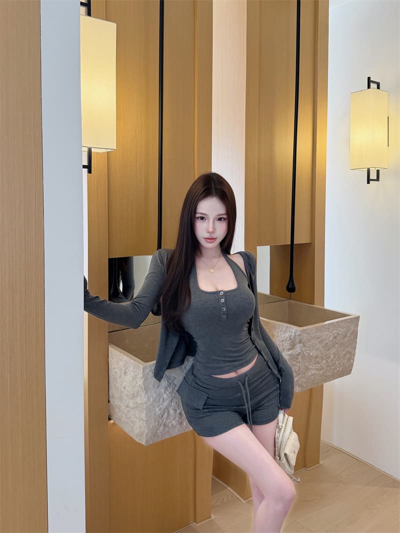 실사 정가 회색 단추 V넥 오픈 가디건 티셔츠 여성 봄 여름 몸매 가꾸기 맨위 상세 이미지 8