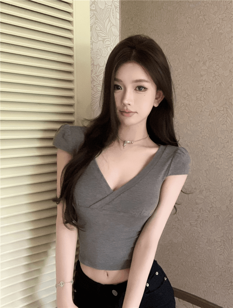 정가 실사 순수한 욕망 센스 V넥 섹시함 풀오버 다용도 캐주얼 슬림해 보이는 만나는 외출용 반팔 티셔츠 맨위 여성 이미지 4