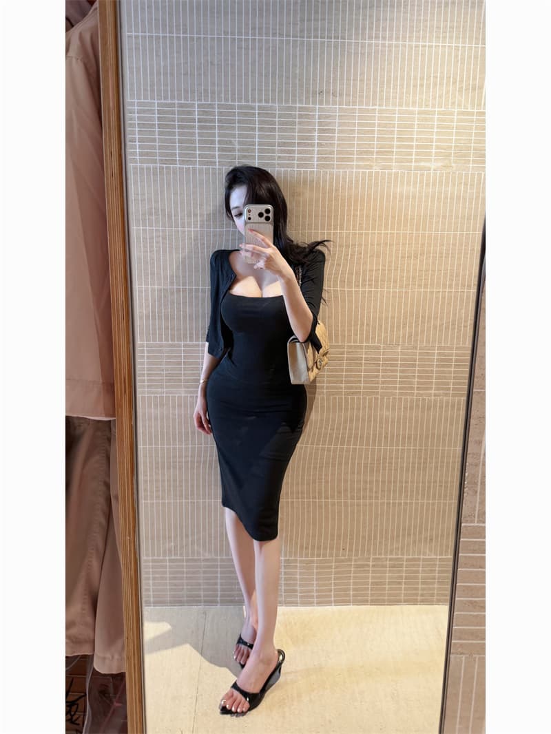 실사 진짜 원자가 밴드 가슴 패드 캐미솔 맨위 라운드 넥 단추 오픈 가디건 높음 폭탄 허리밴드 반신 스커트 3종 세트 상세 이미지 19