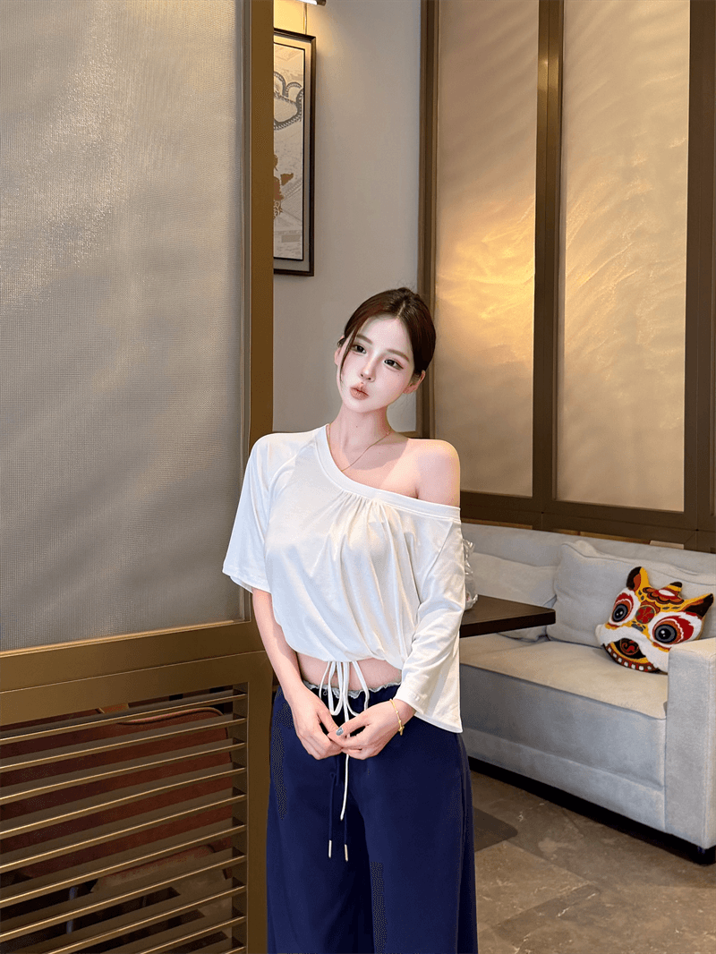 실사 정가 화이트 중간 소매 루즈핏 티셔츠 해군 파란색 중간 허리 펌프 로프 캐주얼 바지 스트레이트 웨이 바지 세트 상세 이미지 13