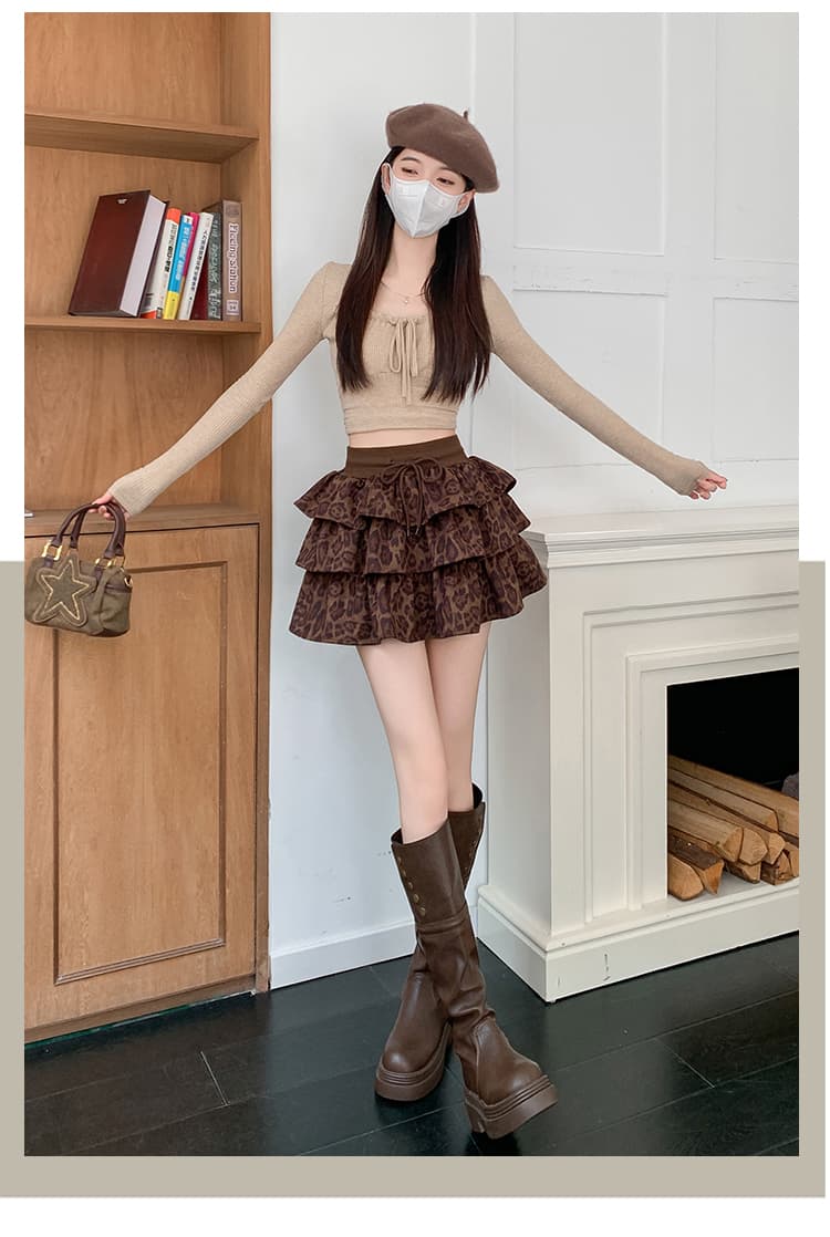 chenjiazhen 아메리칸 디자인 센스 커피 색상 핫걸 레오파드 무늬 하이웨이스트 퍼프 A라인 스커트 반신 스커트 케이크 드레스 여성 상세 이미지 13