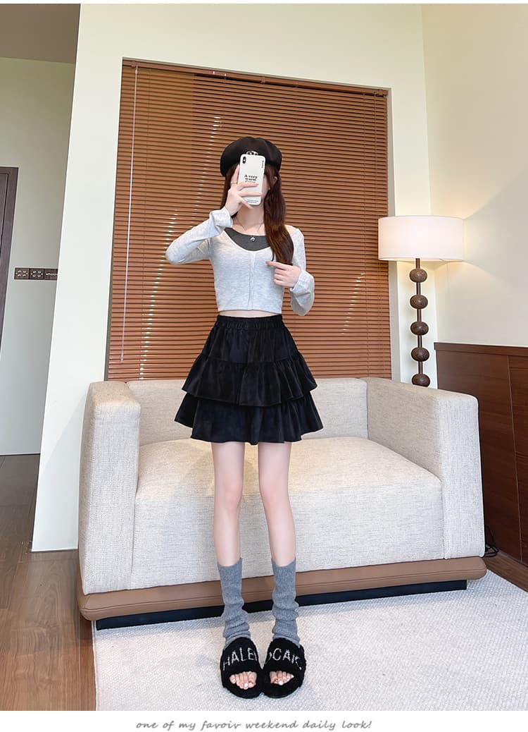 살구 색상 코듀로이 케이크 반신 스커트 여성 봄 가을 프릴 도루 센스 A라인 스커트 노출 방지 하이웨이스트 퍼프 미니 스커트 상세 이미지 27