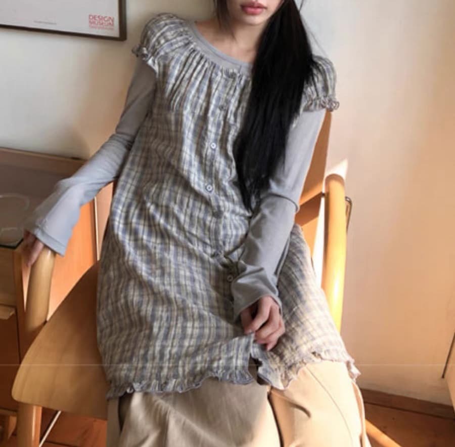 한국 동대문 2026 새로운 한 체크무늬 거품 소매 스택 착용 다용도 드레스 맨위 여성 상세 이미지 6