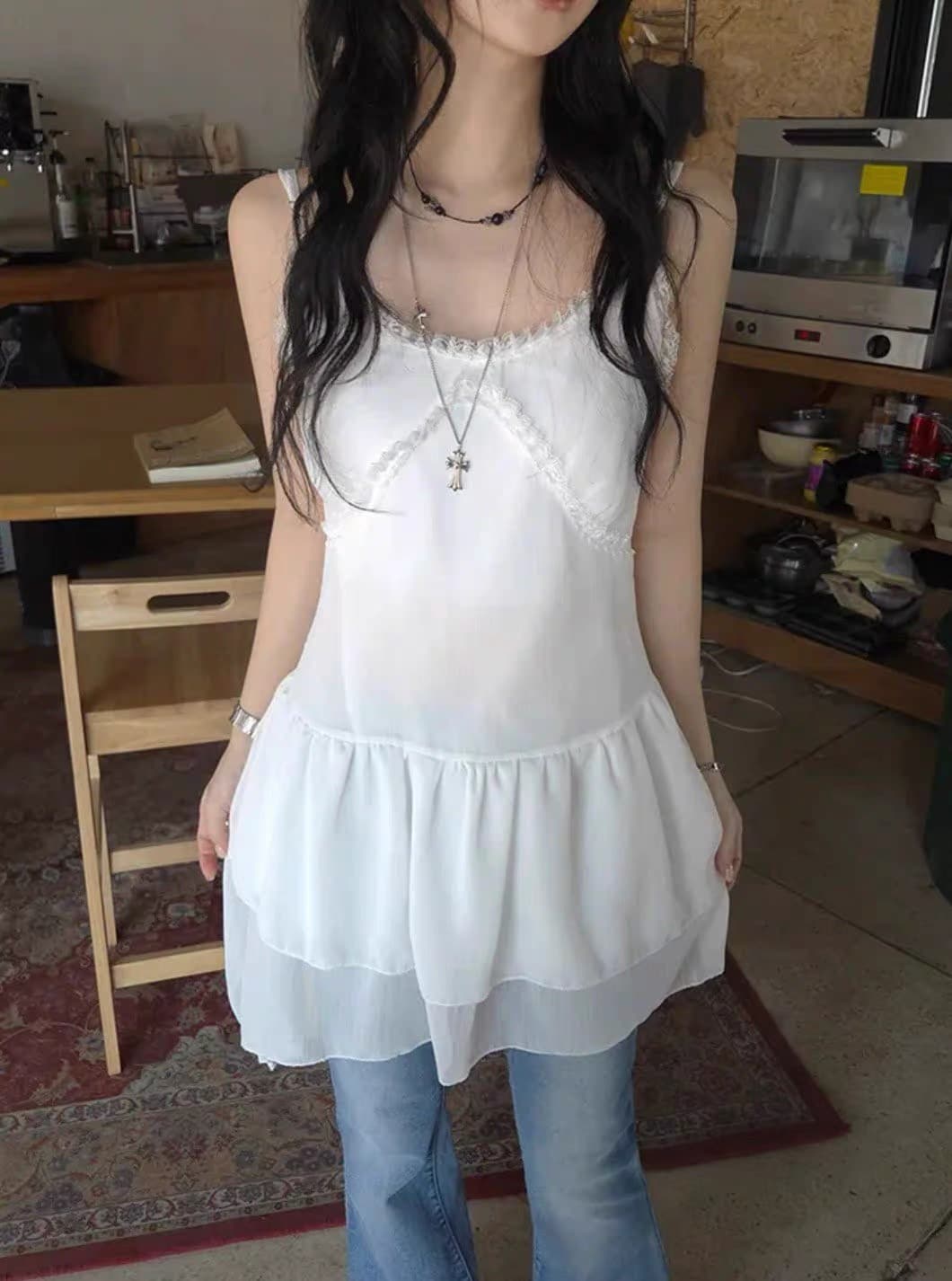 재고 있음 2026 년 새로운 한국 스타일 작은 대중 다용도 불규칙 스택 착용 슬립 여성 드레스 상세 이미지 6