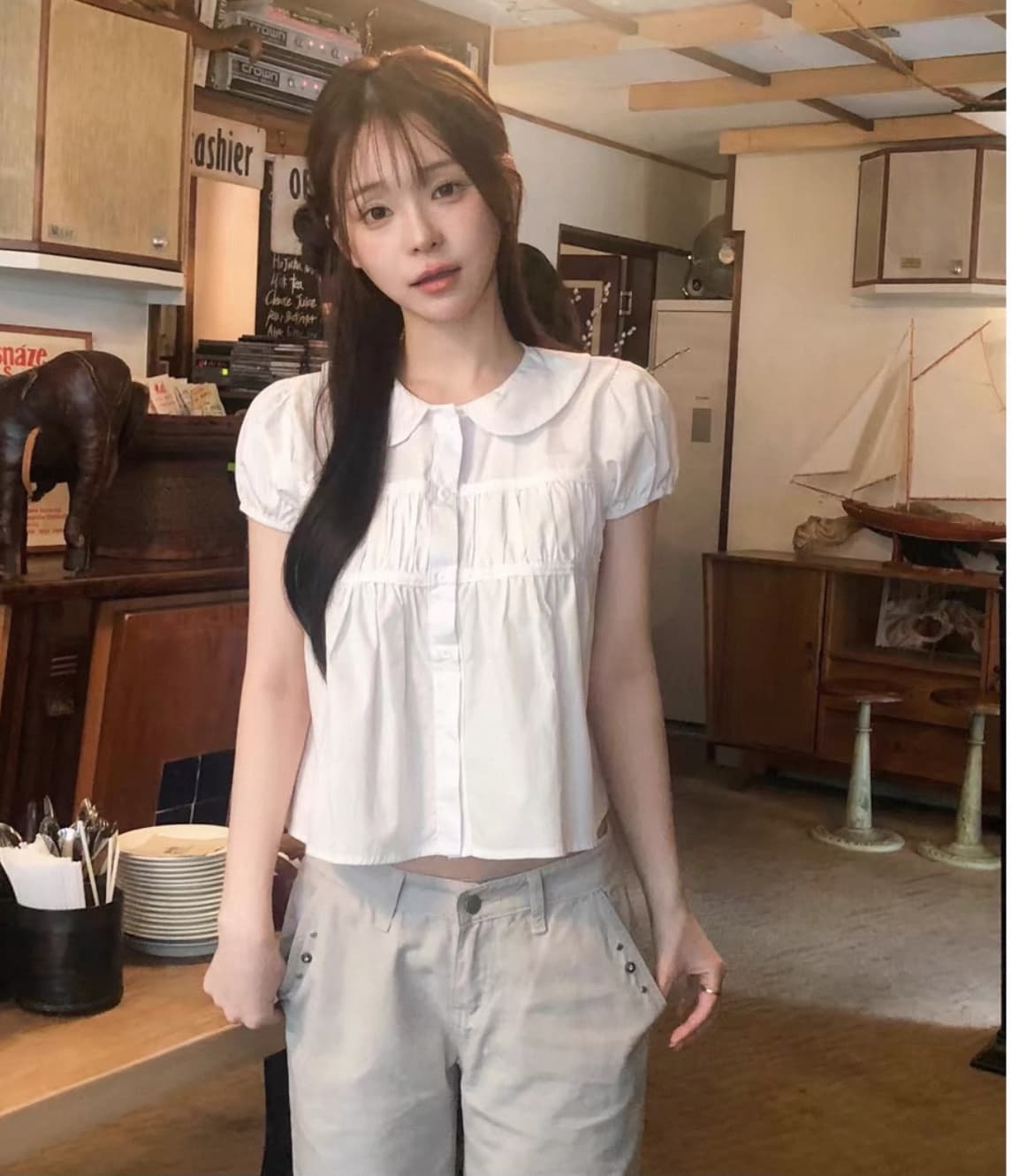 한국 동대문 2026 새로운 한국 스타일 베이비 칼라 다용도 맨위 블라우스 상세 이미지 3