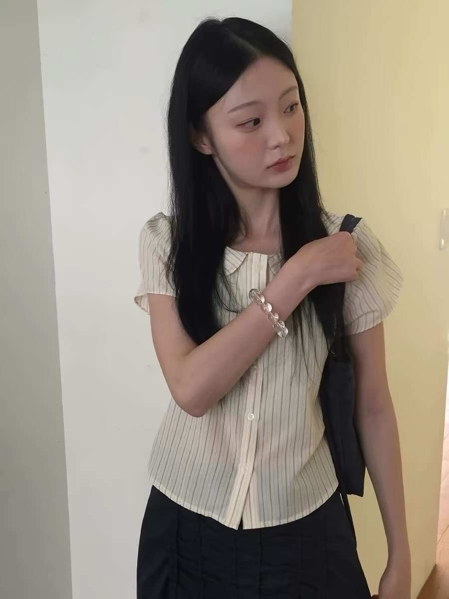 한국 동대문 2026 새로운 한국 스타일 레트로 스트라이프 폴로 칼라 인형 맨위 블라우스 상세 이미지 4