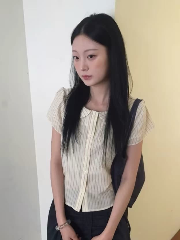 한국 동대문 2026 새로운 한국 스타일 레트로 스트라이프 폴로 칼라 인형 맨위 블라우스 상세 이미지 5
