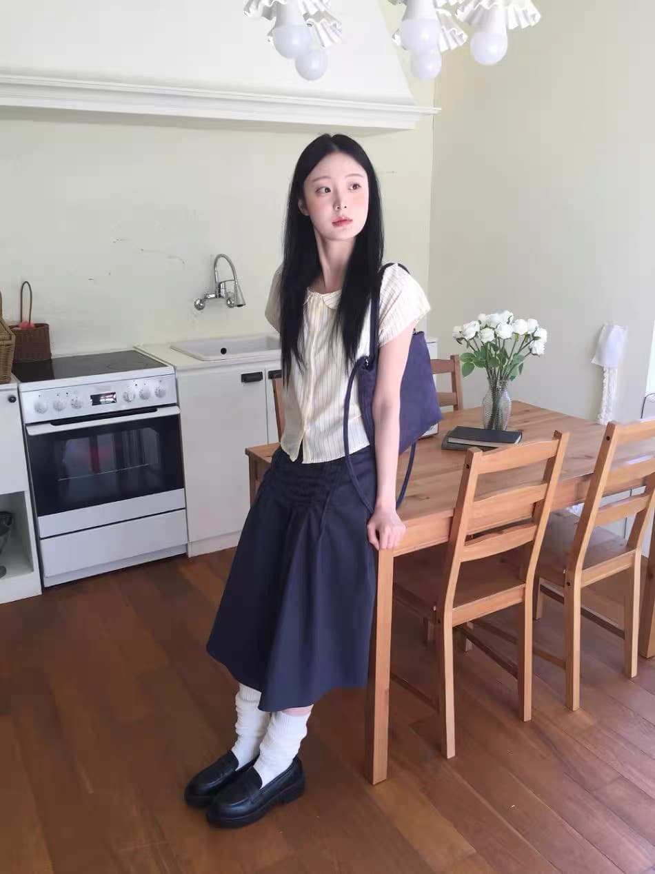 한국 동대문 2026 새로운 한국 스타일 레트로 스트라이프 폴로 칼라 인형 맨위 블라우스 상세 이미지 10