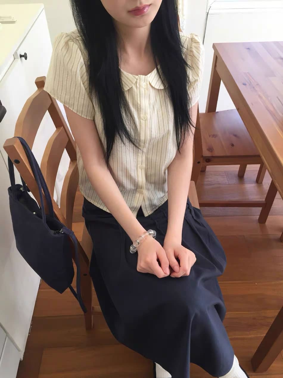 한국 동대문 2026 새로운 한국 스타일 레트로 스트라이프 폴로 칼라 인형 맨위 블라우스 상세 이미지 13
