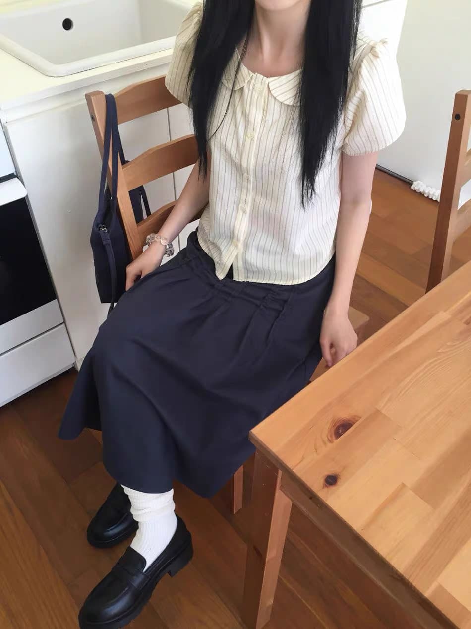한국 동대문 2026 새로운 한국 스타일 레트로 스트라이프 폴로 칼라 인형 맨위 블라우스 상세 이미지 14