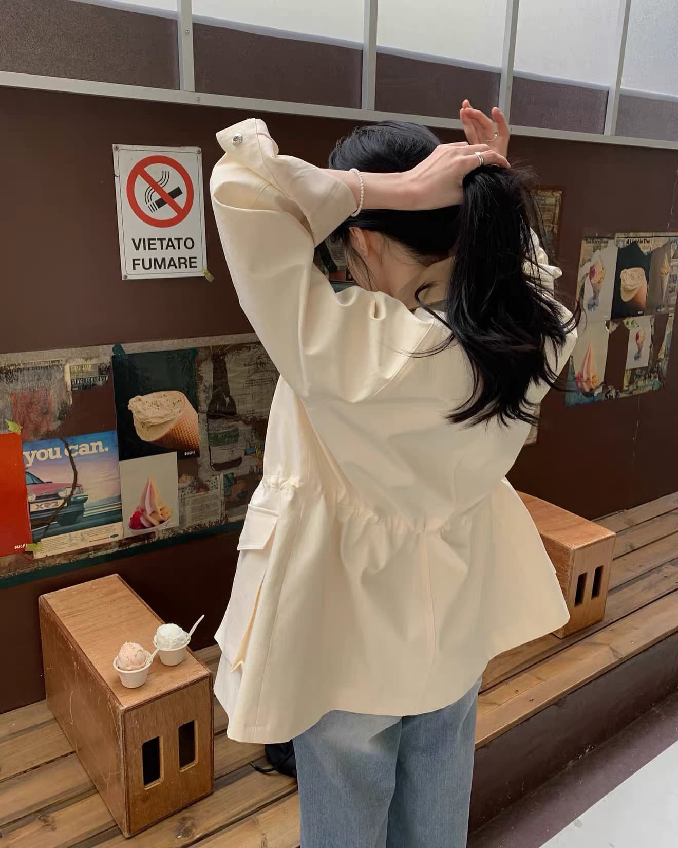 있음 창고 한국 동대문 2026 새로운 한국 스타일 다용도 허리 수축 패치워크 색상 바람막이 여성 코트 상세 이미지 13