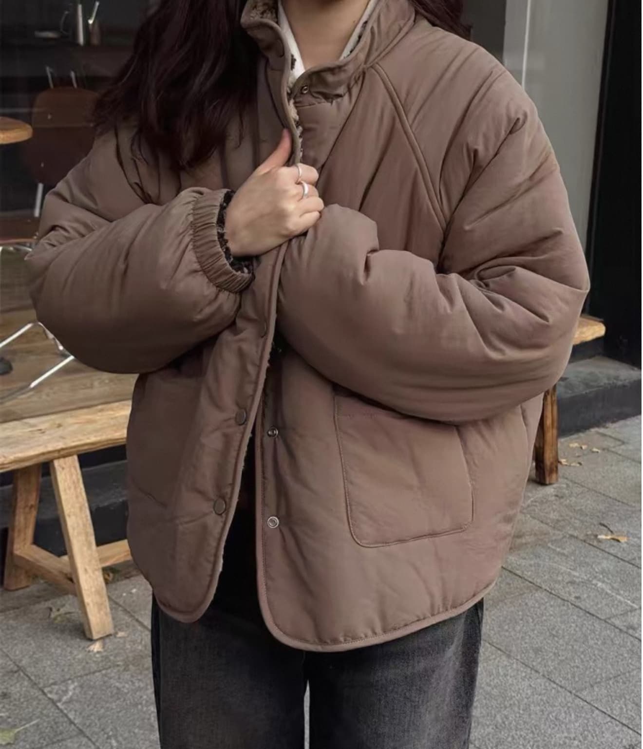 한국 동대문 2029 가을 겨울 새로운 오른쪽 그는 패턴 양성 및 음성 둘 착용 모피 면 옷 여성 코트 상세 이미지 20