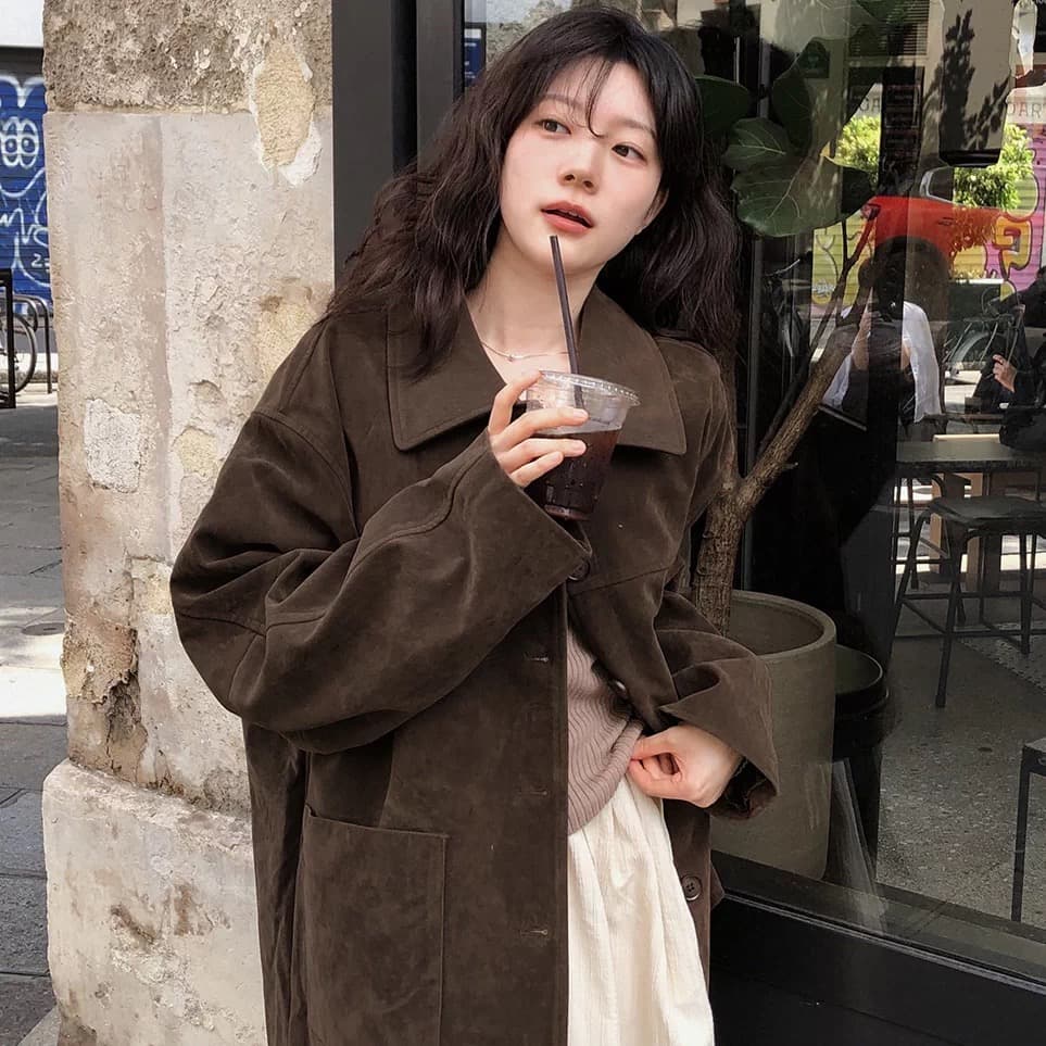 한국 동대문 2026 가을 겨울 신제품 한국 스타일 레트로 폴로 칼라 롱 코트 스웨이드 여성 코트