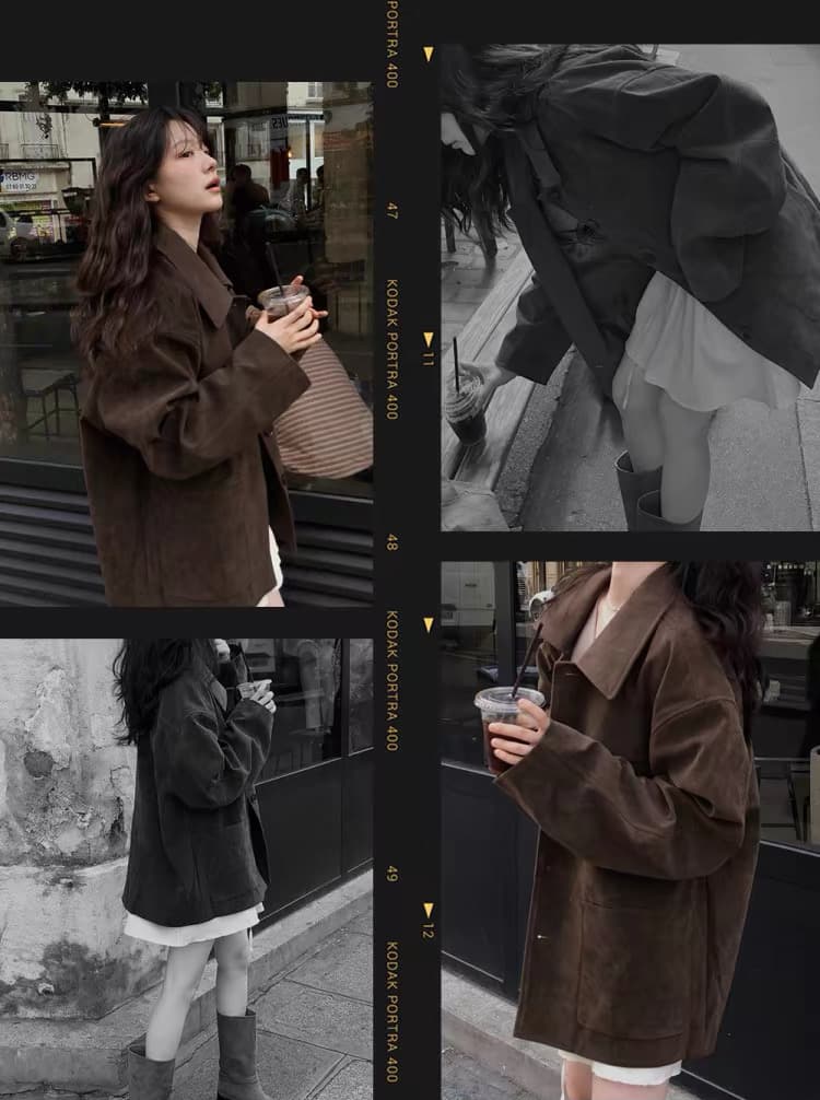 한국 동대문 2026 가을 겨울 신제품 한국 스타일 레트로 폴로 칼라 롱 코트 스웨이드 여성 코트 상세 이미지 1