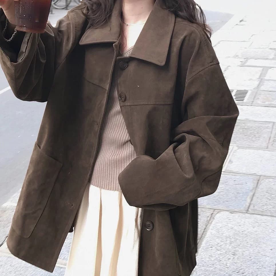 한국 동대문 2026 가을 겨울 신제품 한국 스타일 레트로 폴로 칼라 롱 코트 스웨이드 여성 코트 상세 이미지 6