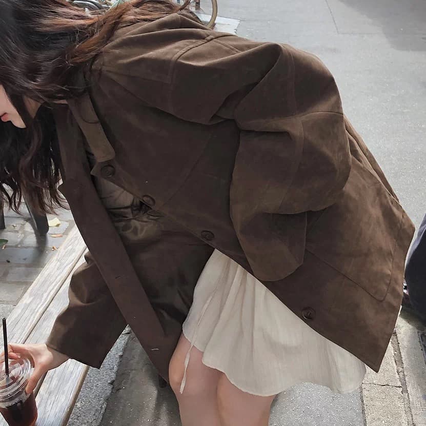 한국 동대문 2026 가을 겨울 신제품 한국 스타일 레트로 폴로 칼라 롱 코트 스웨이드 여성 코트 상세 이미지 7