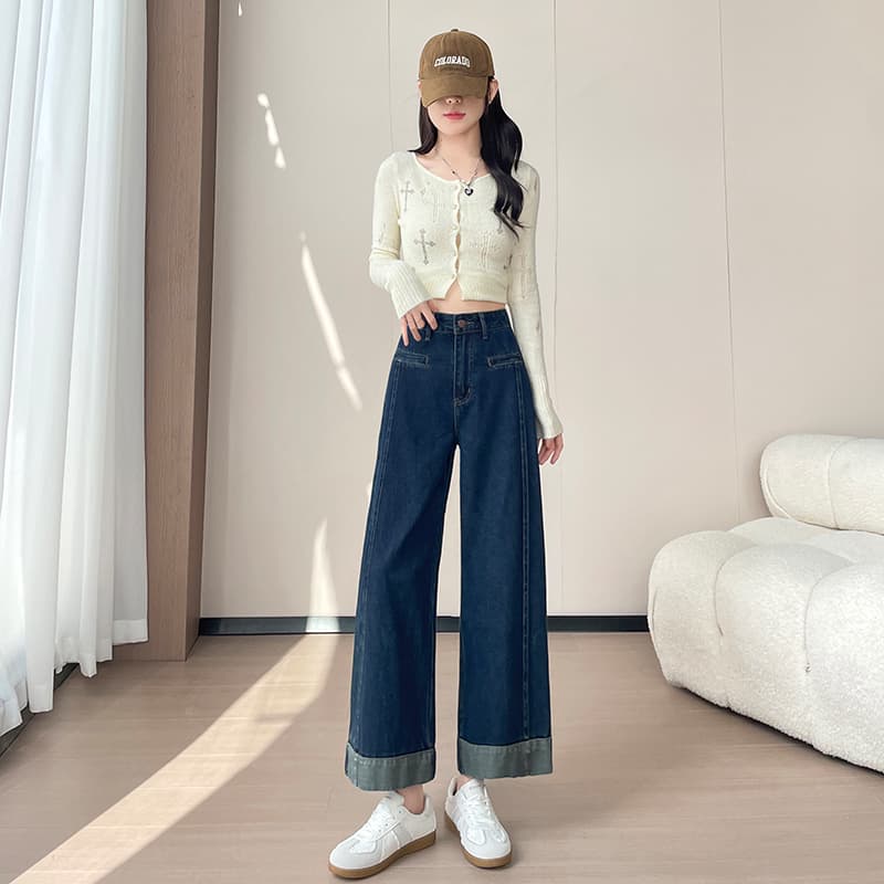 2026 년 봄 아메리칸 작은 키 하이 웨이스트 청바지 여성 패치워크 루즈핏 스트레이트 넓은 다리 볼륨 측면 9 포인트 바지 이미지 3