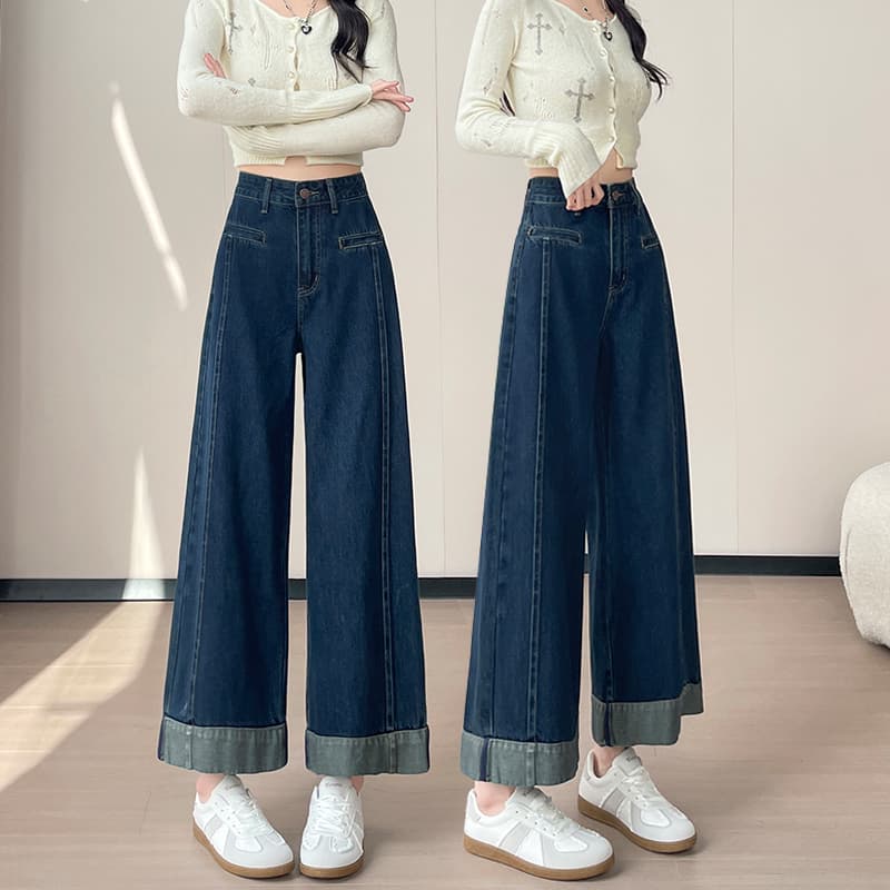 2026 년 봄 아메리칸 작은 키 하이 웨이스트 청바지 여성 패치워크 루즈핏 스트레이트 넓은 다리 볼륨 측면 9 포인트 바지 이미지 5