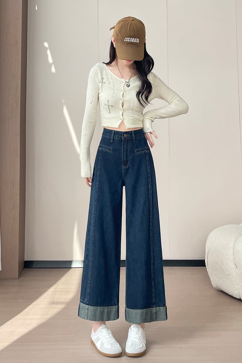 2026 년 봄 아메리칸 작은 키 하이 웨이스트 청바지 여성 패치워크 루즈핏 스트레이트 넓은 다리 볼륨 측면 9 포인트 바지 이미지 7