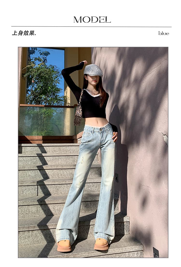 봄 새로운 아메리칸 로우 웨이스트 레이스 조각 데님 긴 바지 여성 루즈핏 찢어진 부분 아니요 막대기 다리 넓은 다리 나팔 바지 상세 이미지 6