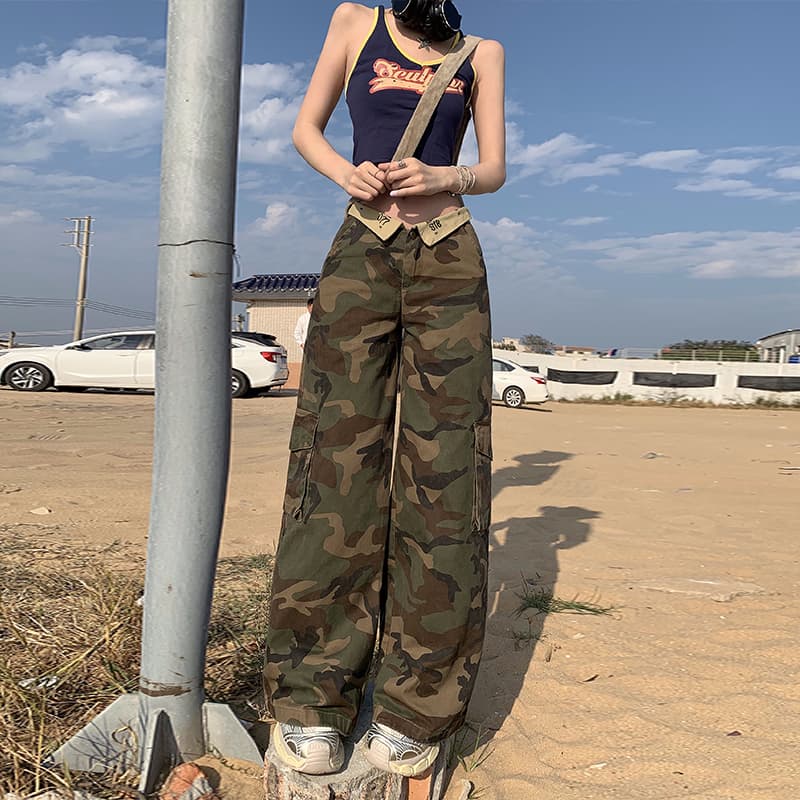 봄 여름 새로운 뒤집다 허리 데님 긴 바지 여성 레저 한국 스타일 하이웨이스트 자수 루즈핏 핫걸 워크웨어 스트레이트 와이드 레그 팬츠 이미지 2