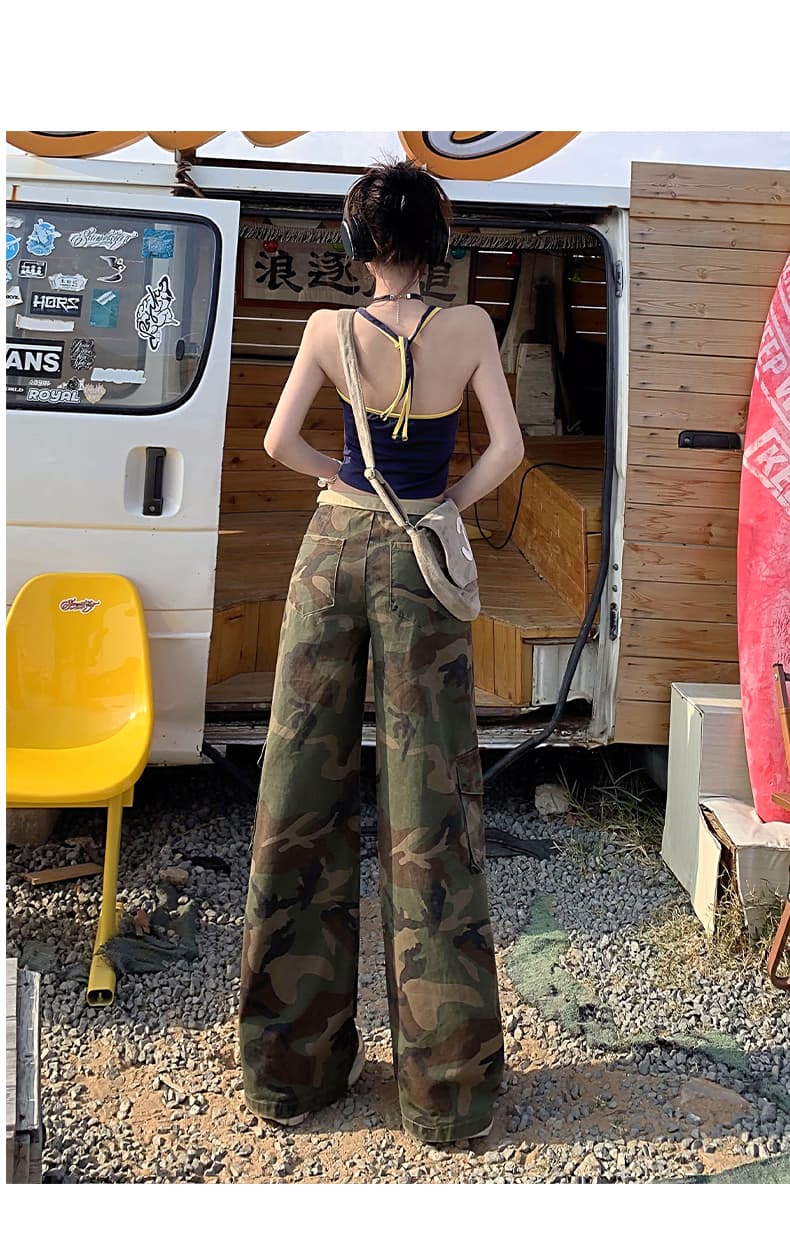 봄 여름 새로운 뒤집다 허리 데님 긴 바지 여성 레저 한국 스타일 하이웨이스트 자수 루즈핏 핫걸 워크웨어 스트레이트 와이드 레그 팬츠 상세 이미지 15