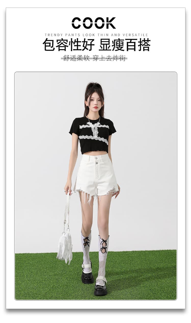 여름 새로운 데님 반바지 여성 한국 스타일 하이웨이스트 두 버클 루즈핏 찢어진 부분 핫걸 개성 한 마디 거친 가장자리 핫 바지 상세 이미지 2