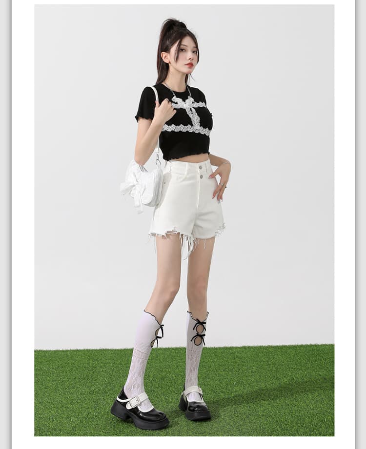 여름 새로운 데님 반바지 여성 한국 스타일 하이웨이스트 두 버클 루즈핏 찢어진 부분 핫걸 개성 한 마디 거친 가장자리 핫 바지 상세 이미지 11