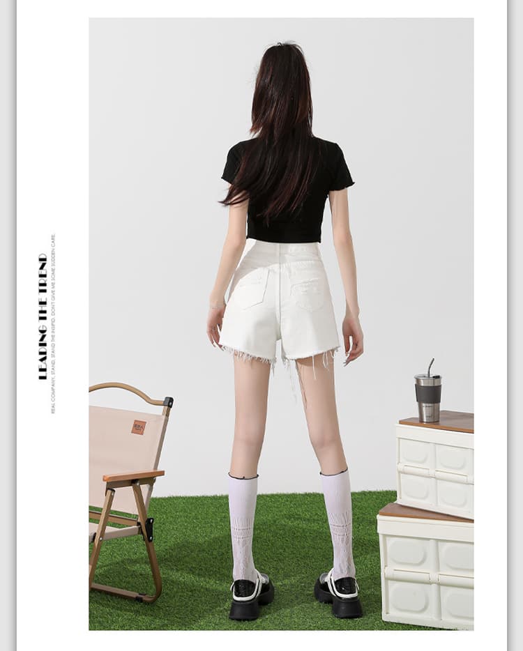 여름 새로운 데님 반바지 여성 한국 스타일 하이웨이스트 두 버클 루즈핏 찢어진 부분 핫걸 개성 한 마디 거친 가장자리 핫 바지 상세 이미지 12