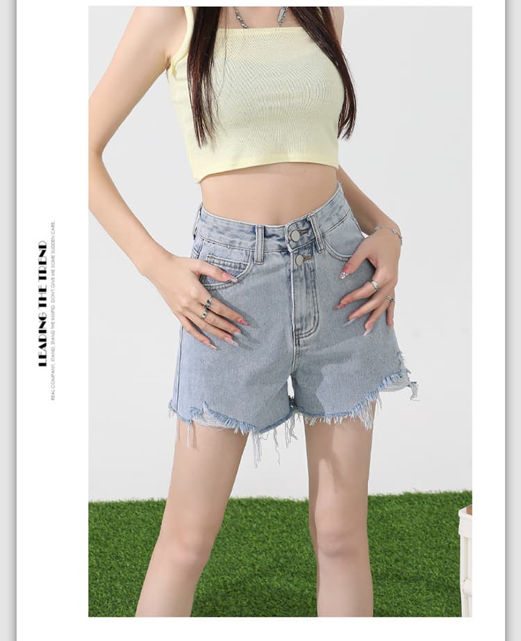 여름 새로운 데님 반바지 여성 한국 스타일 하이웨이스트 두 버클 루즈핏 찢어진 부분 핫걸 개성 한 마디 거친 가장자리 핫 바지 상세 이미지 19