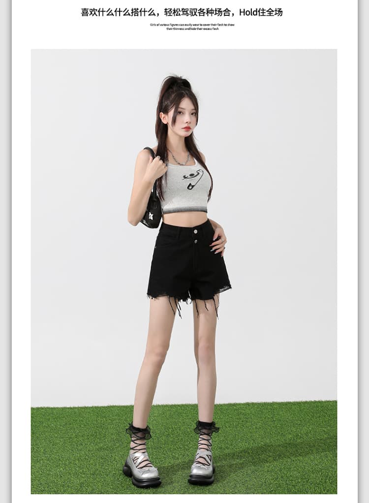 여름 새로운 데님 반바지 여성 한국 스타일 하이웨이스트 두 버클 루즈핏 찢어진 부분 핫걸 개성 한 마디 거친 가장자리 핫 바지 상세 이미지 22